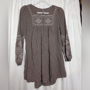 Small Monoreno Grey Long Sleeve Dress Or Shirt Embroidery Flowy Festival Hippie